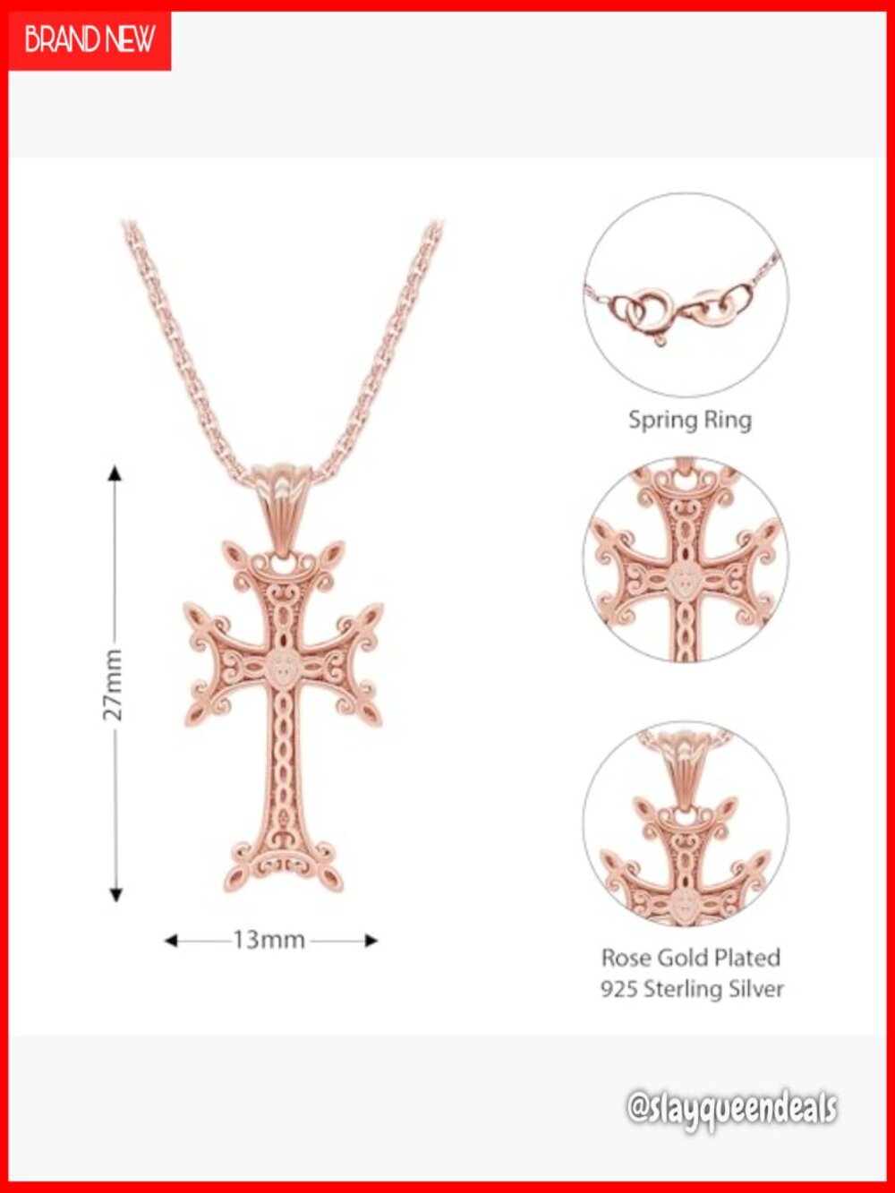 Armenian Cross Pendant Necklace with Rope Chain, 14K Gold Over 925 Sterling - Picture 3 of 7